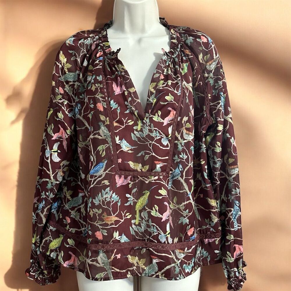 J. Crew Point Sur Deep Brown Ruffle Blouse Cottage Bird Print Semi Sheer Top - Picture 3 of 9